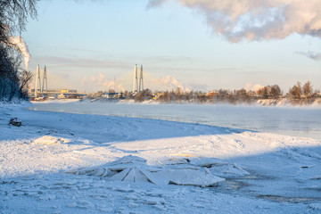 Frosty Sunny January day on the banks of the Neva river.