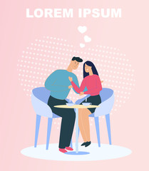 Loving Young Couple Dating and Drinking Coffee in Cafe. Man and Woman Cartoon Characters Sitting at table in Cozy Restaurant And Copy Space for Text. Flat Vector Illustration on Pink Background.