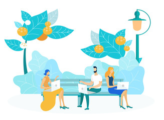 People with Laptops in Park Vector Illustration. Freelancers, Students, Office Workers Cartoon Characters. Man and Women Sitting on Bench Outdoors. Modern Recreation, Friends Communication