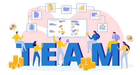 Obraz premium Young Business Successful Team, Teamwork Concept. Group of People, Men and Women Busy their Work, Large Letters on Background, Display with Notes. Icon Chain Document, Folder, Email, Money