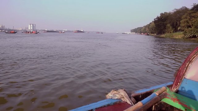 A boat stand still on River Gange in Kolkata, India