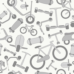 Eco-friendly transport background - Vector color seamless pattern of scooter, monowheel, hoverboard, bicycle and skateboard for graphic design