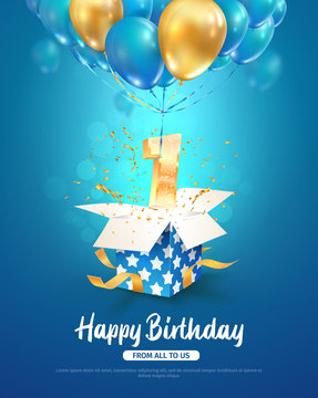 Celebrating first year birthday vector 3d illustration. 1 year anniversary and open gift box and number flying on balloons on blue background. One year celebration