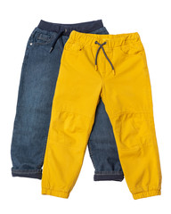 Denim and yellow toddler boy pants isolated on white background for spring and autumn wardrobe/...