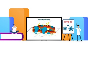 oncept of medical science, doctors are searching the research to learn and develop mechanism of pharmaceutical to against covid-19 in a background of big color book.