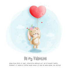 Watercolour Valentines card with cute rabbit vector illustration.