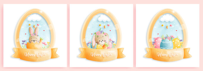 Happy Easter card set with cute bunny  and chicken in a heat shape frame. Vector illustration