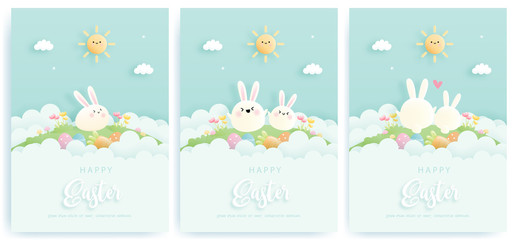 Happy Easter card set with cute bunnies. Vector illustration.