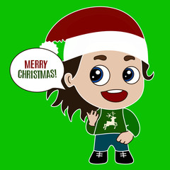 boy wearing a terrible green sweater with a picture of a deer stands and says Merry Christmas, color vector card on isolated background