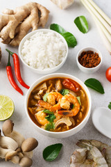 Traditional spicy Thai soup Tom Yum Goong or Tom Yum Kung.