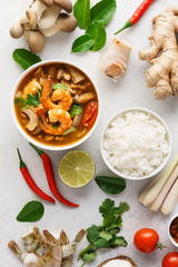 Tom Yum Goong or Tom Yam Kung and set of ingredients.