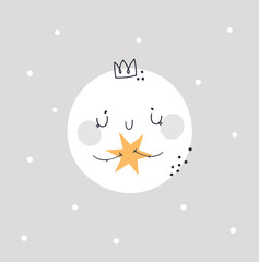 Childish print with cute moon princess. Trendy bedtime, good night kids vector print. Ideal for creating posters, cards, prints, digital paper, kids clothing, nursery prints and kids room decor