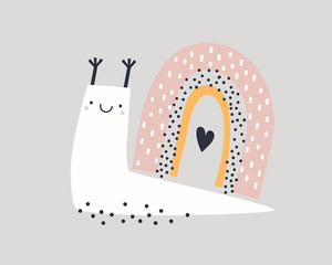 Cute childish print with cute animal snail with rainbow shell. Trendy kids vector print. Ideal for creating posters, cards, prints, digital paper, kids clothing, nursery prints and kids room decor