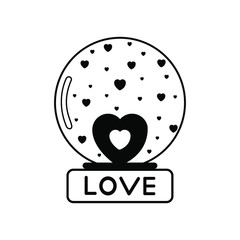 Black icon of snow globe, ball of love with many little hearts and word love. Vector illustration for valentines day, wedding design and other.