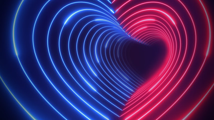 Attractive Red And Blue Abstract Geometric Background Tunnel Glowing Neon Light Lines Heart Shape