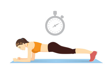 Woman doing plank exercise on blue mat with stopclock symbol over her head. Illustration about best time and countdown to workout.