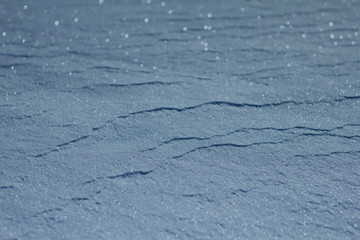 Classic Blue background. Color of the year 2020. Texture of the snow. Snow close-up. Natural snow background.