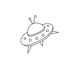 Flying saucer, spaceship icon in sketch cartoon style. Design element on the theme of UFO, space, aliens. Hand drawn doodle vector illustration