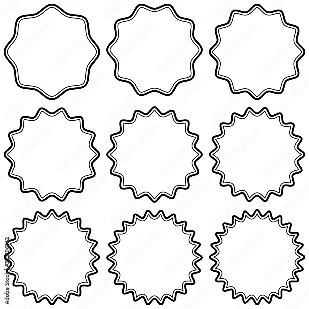 Aufkleber set round vintage stickers with zigzag edge, vector simple style label stickers, starburst label bad