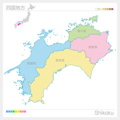 四国地方の地図・Shikoku（色分け）