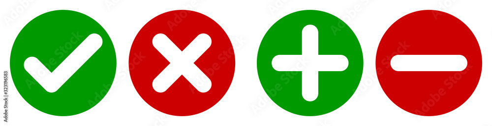 Poster set of flat round check mark, x mark, plus sign and minus sign icons, buttons isolated on a white ba