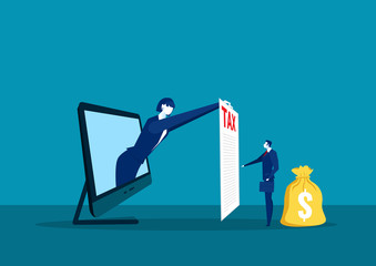 businesswoman show paper tax on laptop computer  for pay tax  concept vector illustrator.
