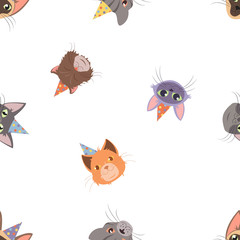 Vector Cat head for cat's birthday celebration greeting card or invitation banners seamless pattern.