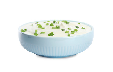 Fresh sour cream with onion on white background