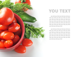 tomatoes, cucumbers and parsley on a white background