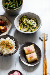 Japanese set meal with rice, tofu, chicken and vegetables