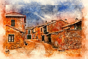 Fototapeta na wymiar Street of the medieval red stone village Castrillo de los Polvazares, Leon, north-west Spain. Sketch illustration style.