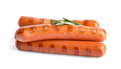 Grilled sausages and rosemary isolated on white