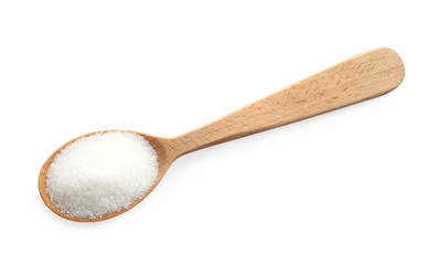 Granulated sugar in spoon isolated on white, top view