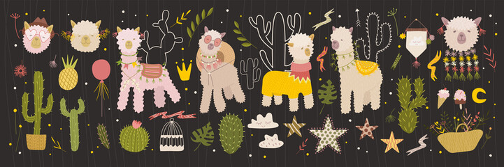 Fototapeta premium Kompozycja z alpaką i kaktusami. kwiaty i rośliny. Grafika wektorowa