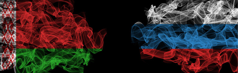 Flags of Belarus and Russia on Black background, Belarus vs Russia Smoke Flags