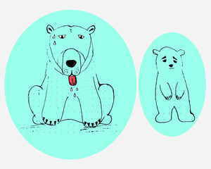 Polar bear hand sketch, drawing on blue circle background.