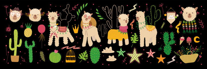 Composition with alpaca and cacti. flowers and plants. Vector graphics