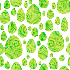 Watercolor green eggs on white background. Bright Easter seamless pattern. Isolated on white background. Hand-painted texture with spiral, splashes, drops, gradients. Watercolor stock illustration.