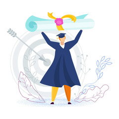 Naklejka premium Tiny student lifted a huge scroll over his head