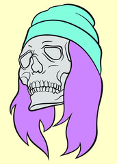 Vector illustration skelleton skull head with hat and hair. For rock, punk or metal music cover image. Hipster and skater modern style. Halloween print for decoration and t-shirt printing. © Evgenij