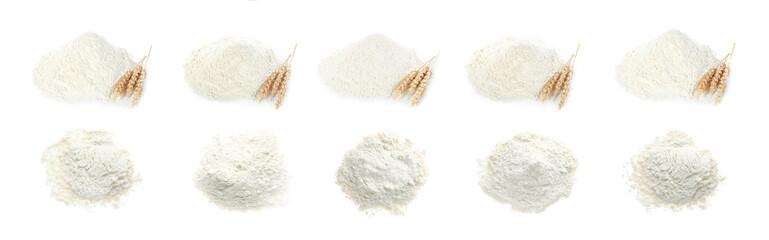 Set of organic flour on white background