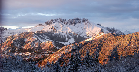 Presolana is a famous mountain range of the Italian Alps. Wonderful landscape in winter time with snow. Orobie mountains. Italy