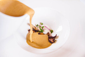Mushroom cream soup being poured into a plate