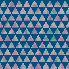 Watercolor blue and pink triangle background. Seamless pattern. Watercolor stock illustration.Design for backgrounds, wallpapers, textile, covers and packaging.