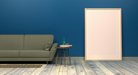 szablon duża pusta rama plakatu w nowoczesnym wnętrzu classic blue kolor sofa i dekoracje rendering 3d - obrazy, fototapety, plakaty