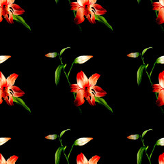 watercolor illustration. hand painted. seamless pattern of branches of red lilies on a black background.