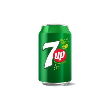 7 UP can on white background. This refreshment drink produced by Pepsi company PepsiCo.
