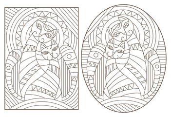 Fototapeta na wymiar Set of outline illustrations in the style of stained glass with abstract cats , dark outlines on white background