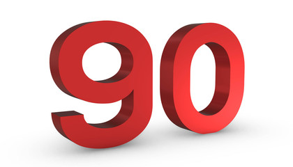 Number 90 Ninety Red Sign 3D Rendering Isolated on White Background