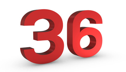 Number 36 Thirty Six Red Sign 3D Rendering Isolated on White Background